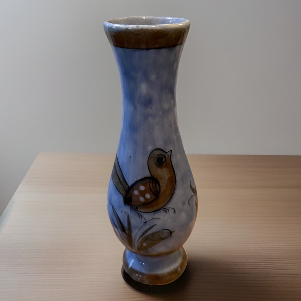 Vintage Vase Mexican Stoneware Pottery Tonala Blue Hand Painted Signed Bird EUC